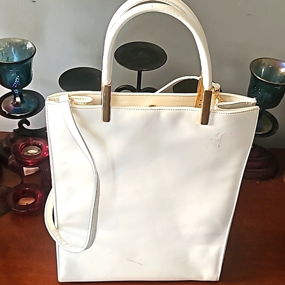 Battaglia Designer Leather Tote, White, Dual Handles, Strap, Hidden Snap Closure - Picture 4 of 7